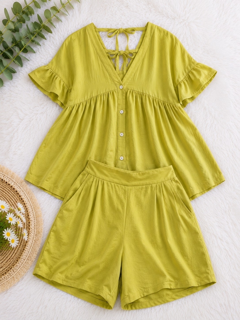 Lime Green Button-Front Top & Shorts Set